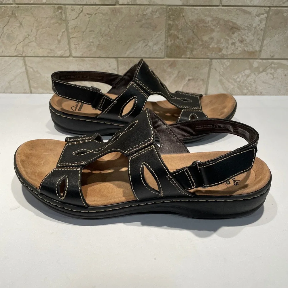 Clarks Collection Leisa Lakelyn Black Leather Strappy‎ Slingback Sandals 8.5M